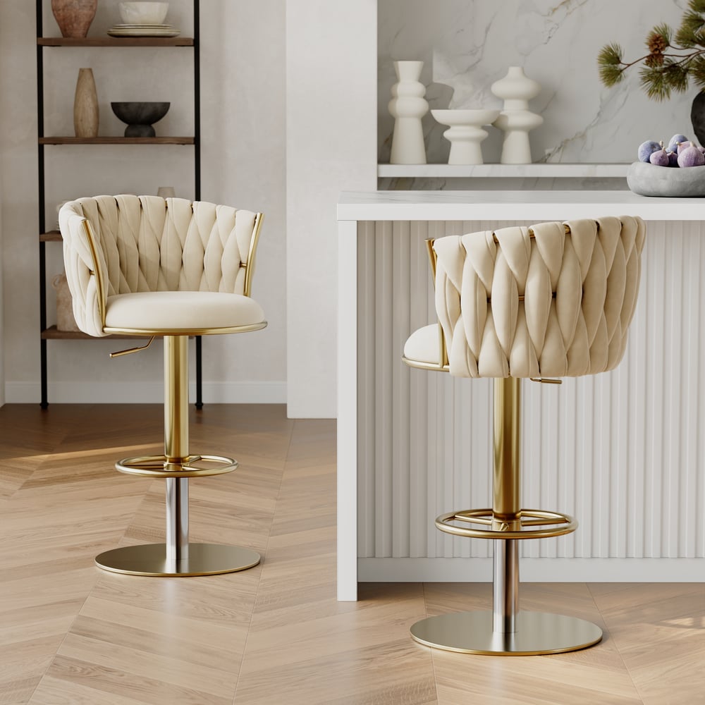 Banquinho de bar ajustável moderno de veludo branco quente e dourado com rotação, 2 peças Imagem da janela