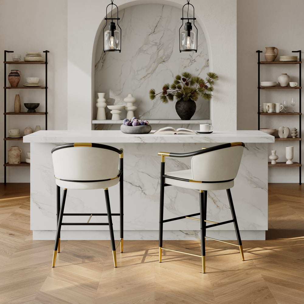 Cranis Beige Velvet Counter Stool with Upholstered, 1 Piece window image