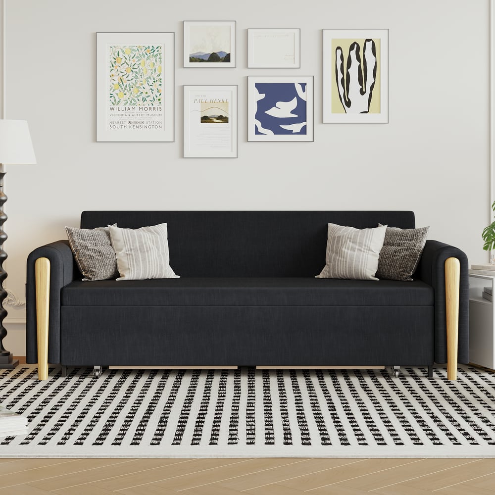 Moderno 208 cm Queen Sofá-Cama Conversível de 3 Lugares em Linho com Armazenamento Imagem da janela