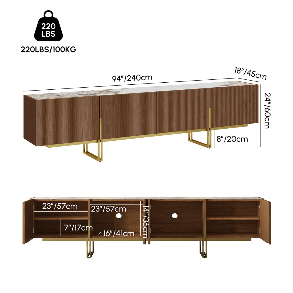 Grovyn 95" Sintered Stone Top Fluted TV Stand with Spacious Cabinets weights dimensions image
