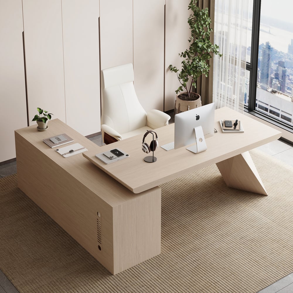 Modern 71" L-Shaped Whitewash Executive Desk with Storage, Left Hand window image