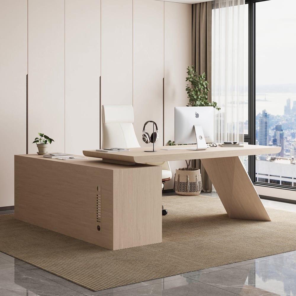 Modern 71" L-Shaped Whitewash Executive Desk with Storage, Left Hand window image