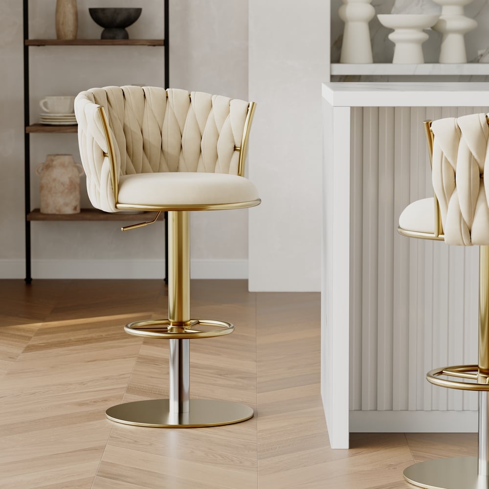 Banquinho de bar ajustável moderno de veludo branco quente e dourado com rotação, 2 peças Imagem da janela