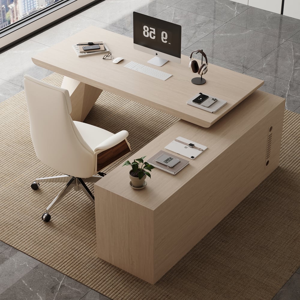 Modern 71" L-Shaped Whitewash Executive Desk with Storage, Left Hand window image