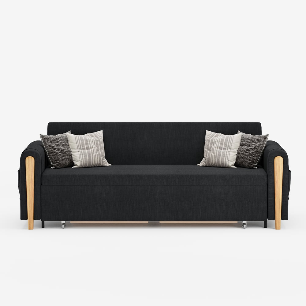 Moderno 208 cm Queen Sofá-Cama Conversível de 3 Lugares em Linho com Armazenamento Imagem da janela