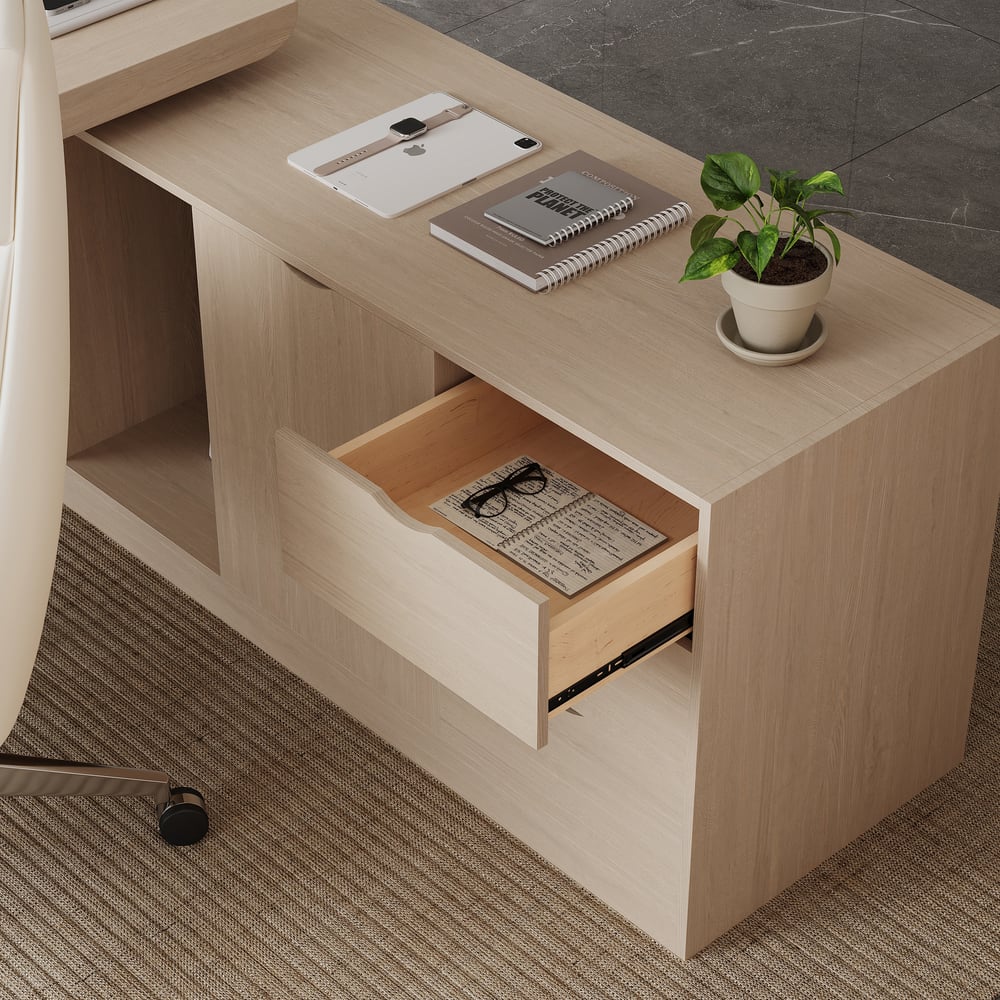 Modern 71" L-Shaped Whitewash Executive Desk with Storage, Left Hand window image