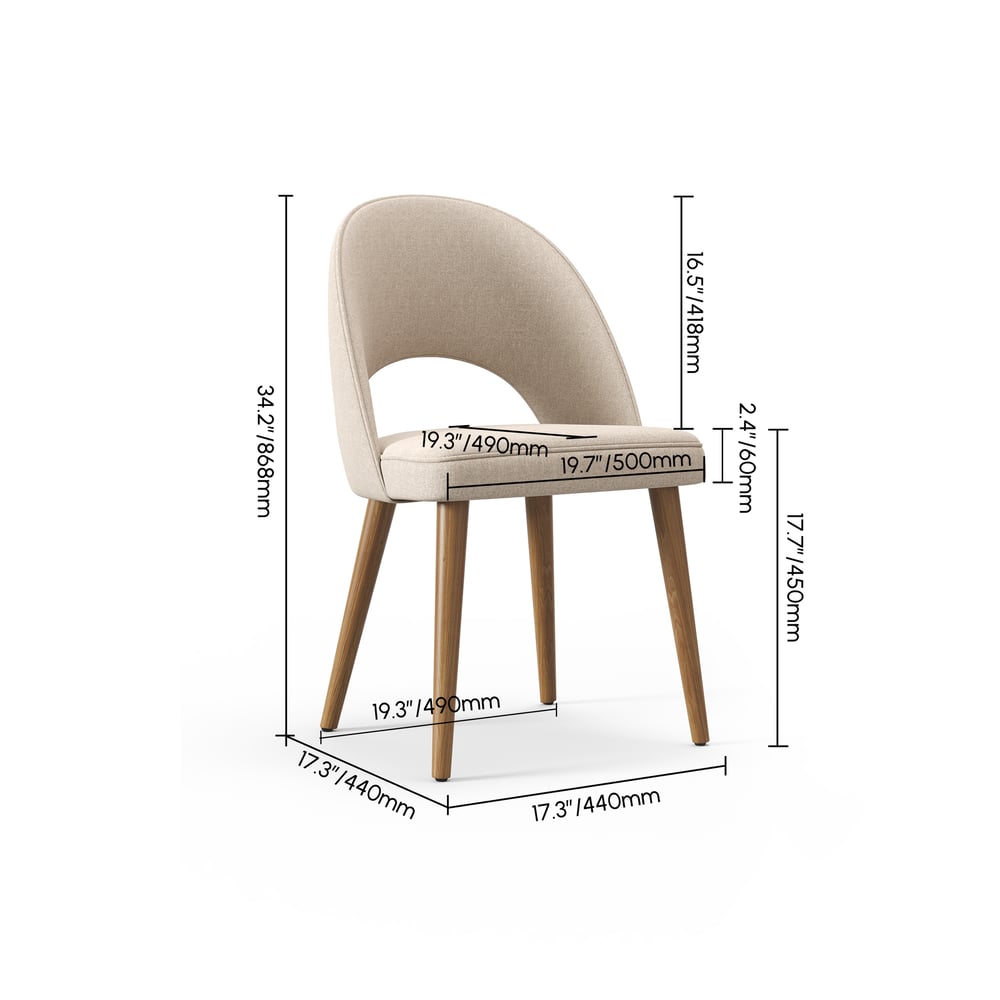 Cadeira de Jantar Moderna em Algodão e Linho Areia com Pernas de Madeira, 2 Peças Imagem com pesos e dimensões