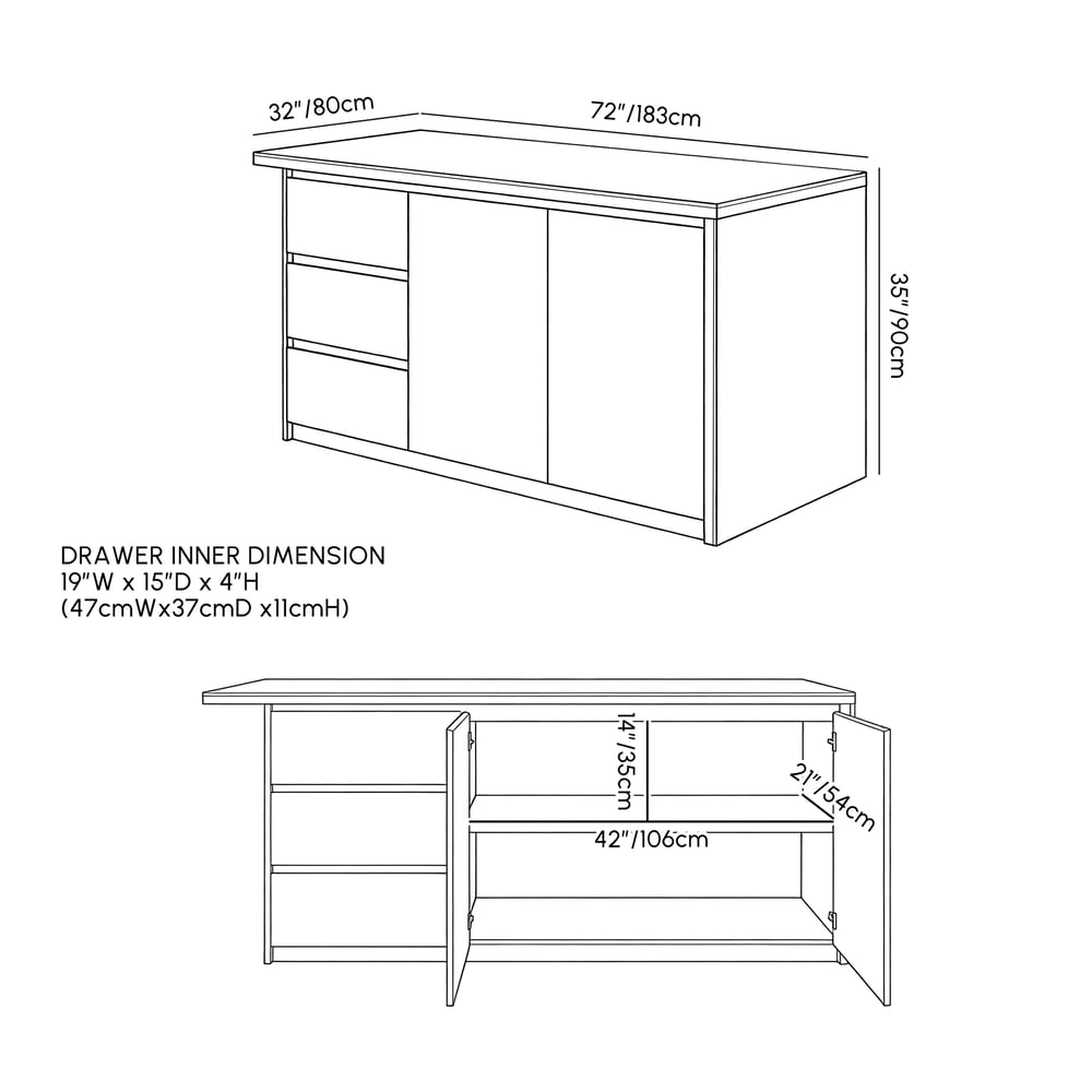 Modern 72" Matte Sintered Stone Kitchen Island with Storage, Walnut weights dimensions image