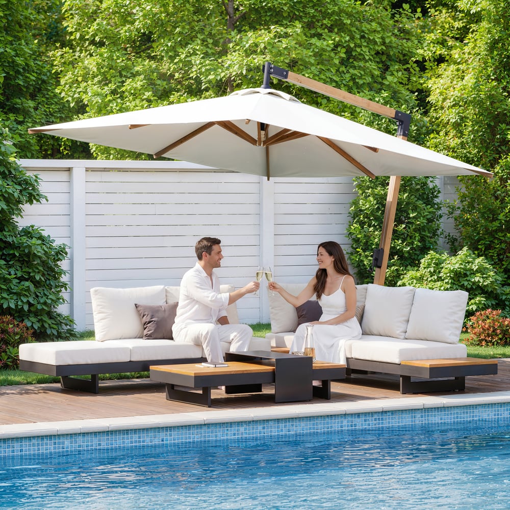 Tevara 4dílná venkovní modulární sedací souprava z teaku a hliníku pro 6 osob v barvě slonové kosti s černým potahem obrázek okna