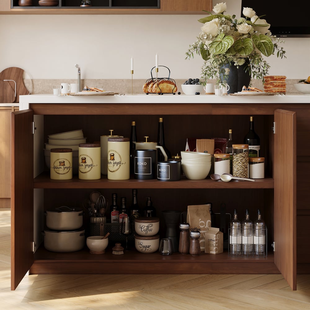 Îlot de cuisine moderne de 72" en pierre frittée mate avec rangement, Noyer image de fenêtre