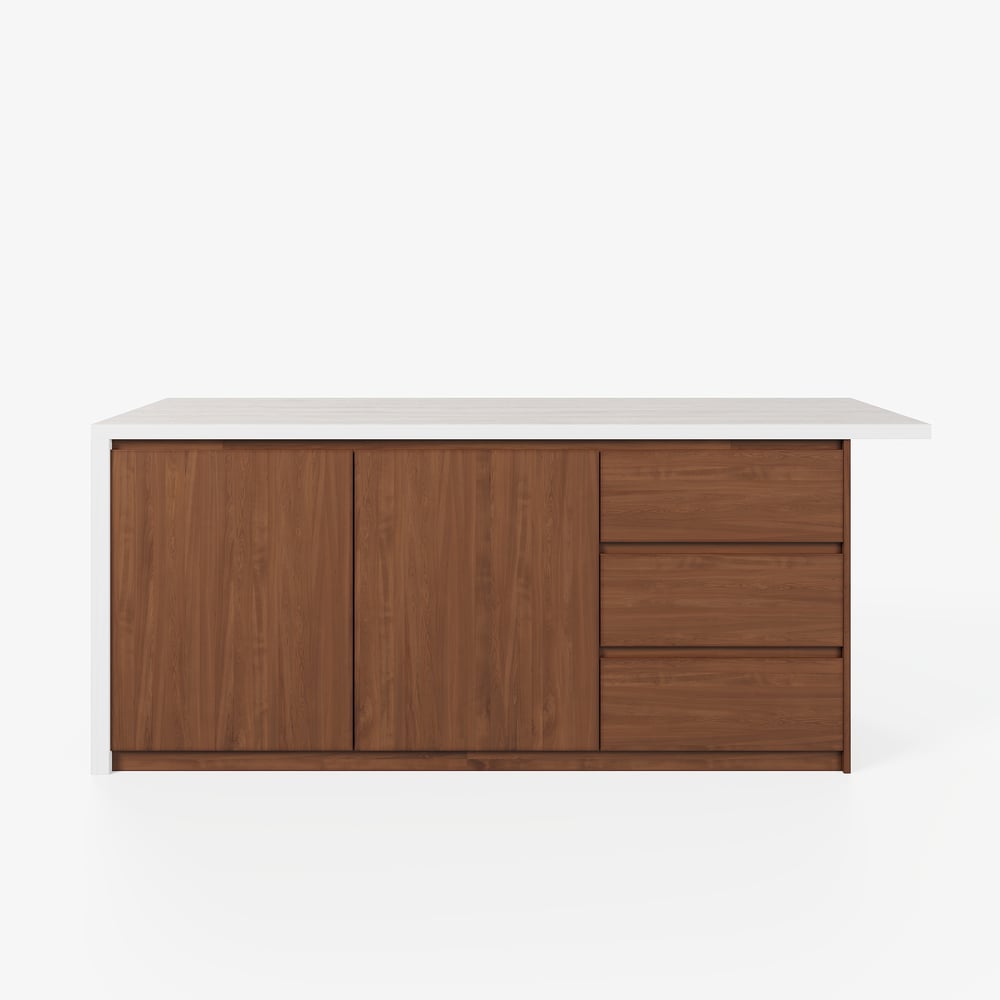 Îlot de cuisine moderne de 72" en pierre frittée mate avec rangement, Noyer image de fenêtre