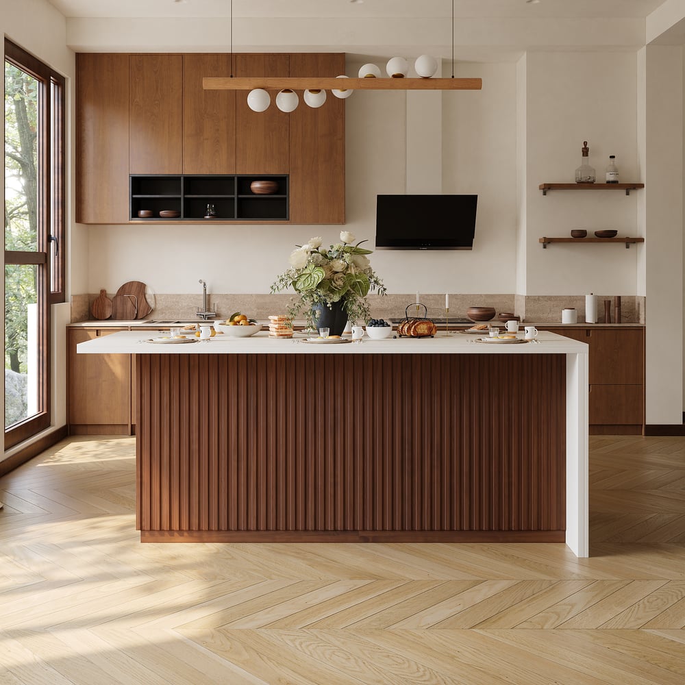 Îlot de cuisine moderne de 72" en pierre frittée mate avec rangement, Noyer image de fenêtre