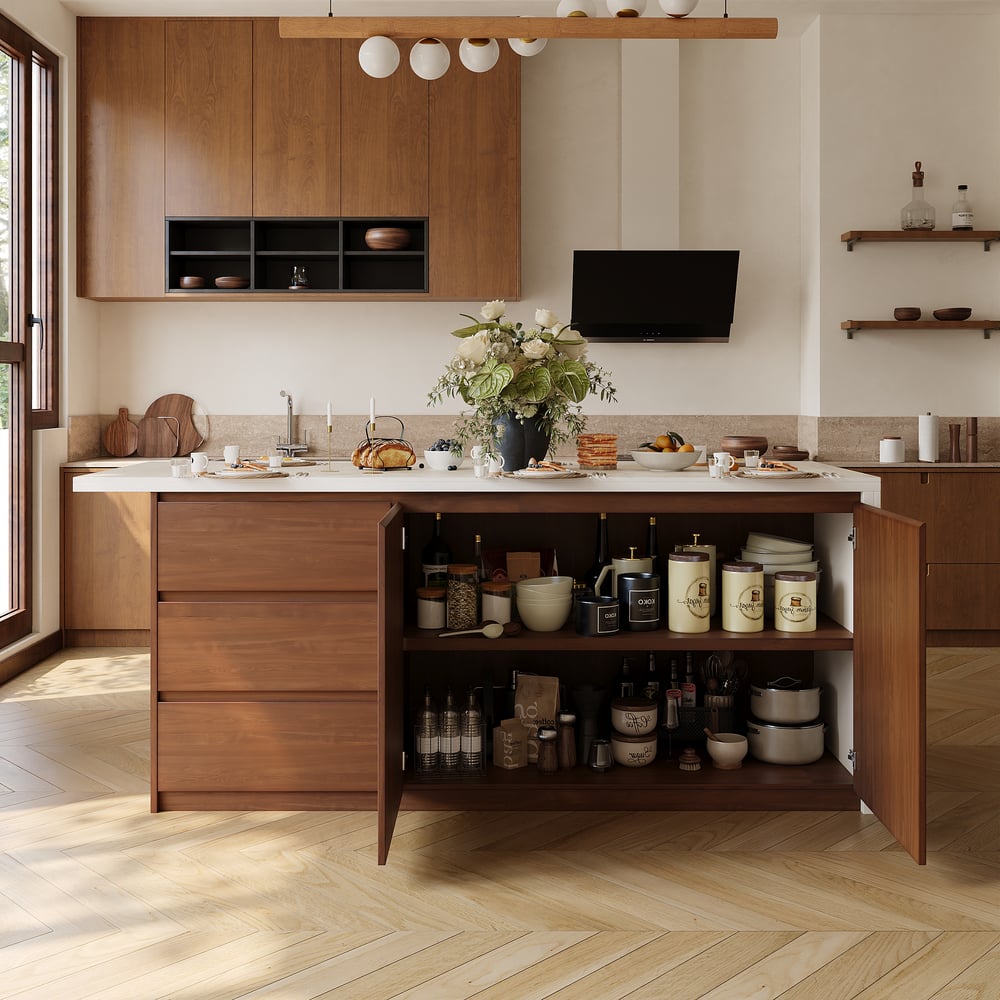 Modern 72" Matte Sintered Stone Kitchen Island with Storage, Walnut window image