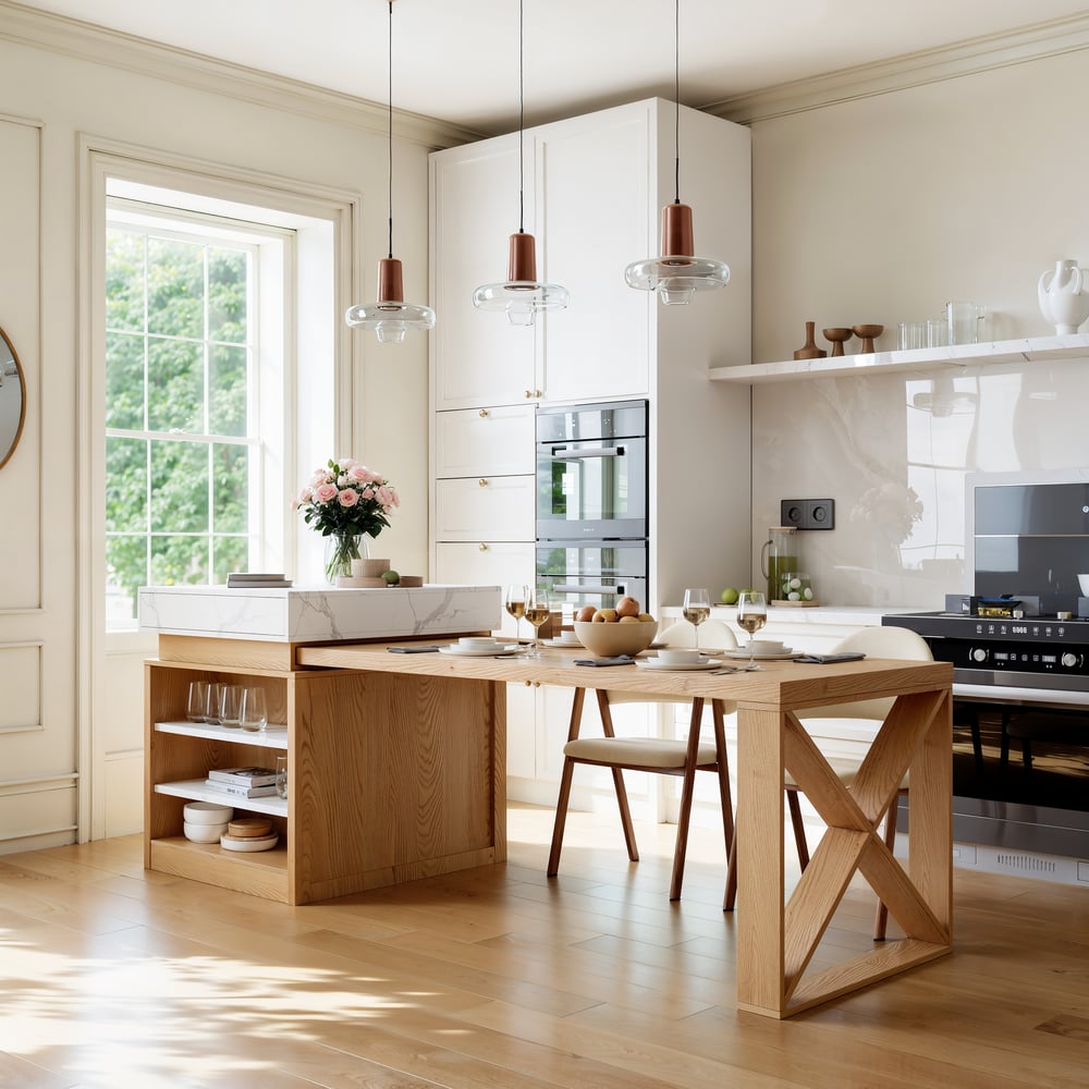 Îlot de cuisine extensible blanc et naturel de 1850 mm à 2350 mm avec armoire de rangement image de fenêtre