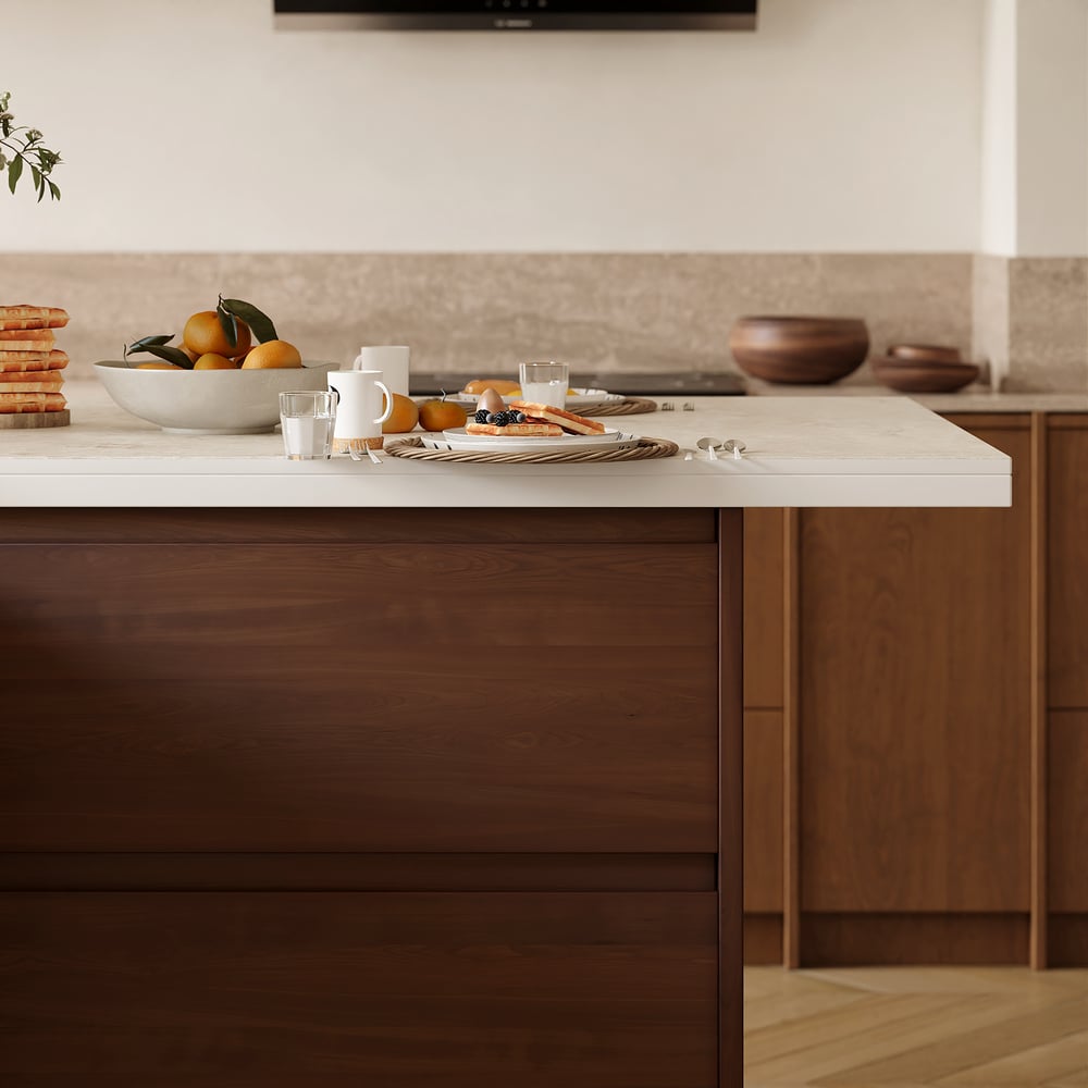 Îlot de cuisine moderne de 72" en pierre frittée mate avec rangement, Noyer image de fenêtre