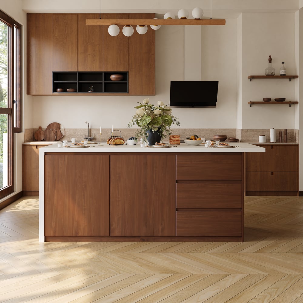 Îlot de cuisine moderne de 72" en pierre frittée mate avec rangement, Noyer image de fenêtre