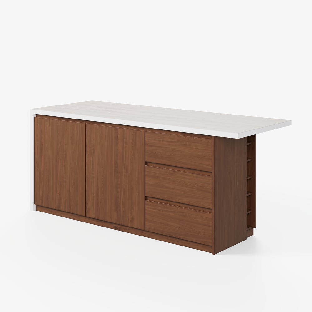 Îlot de cuisine moderne de 72" en pierre frittée mate avec rangement, Noyer image de fenêtre