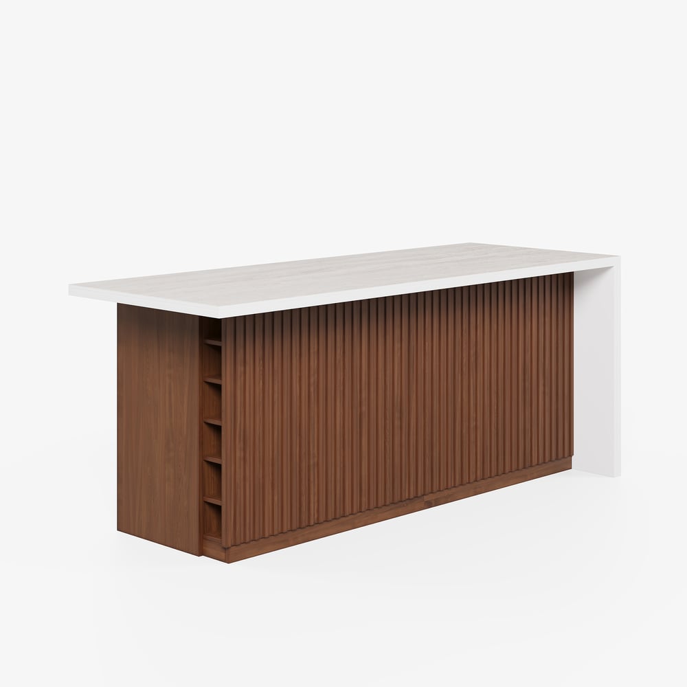 Îlot de cuisine moderne de 72" en pierre frittée mate avec rangement, Noyer image de fenêtre