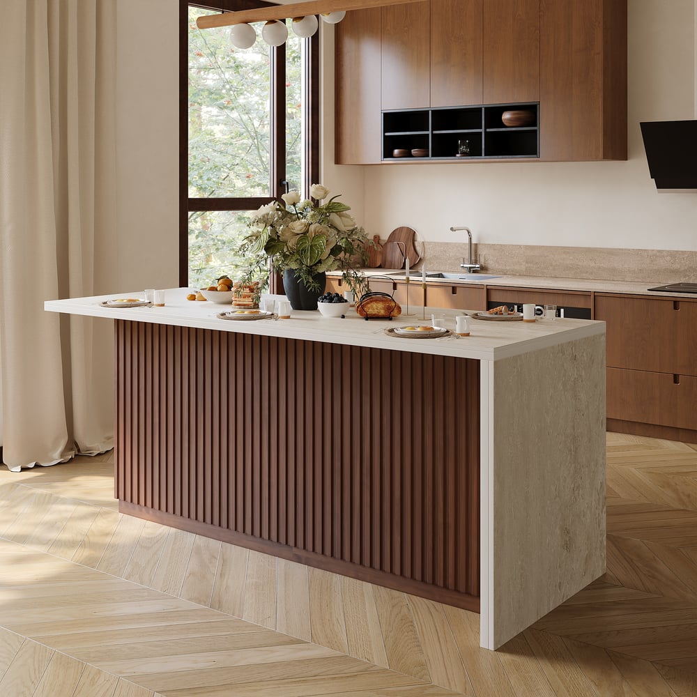 Îlot de cuisine moderne de 72" en pierre frittée mate avec rangement, Noyer image de fenêtre