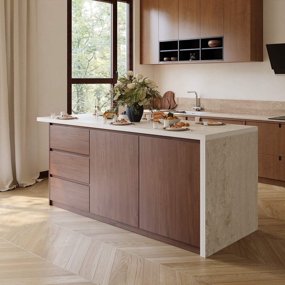 Modern 72" Matte Sintered Stone Kitchen Island with Storage, Walnut window image