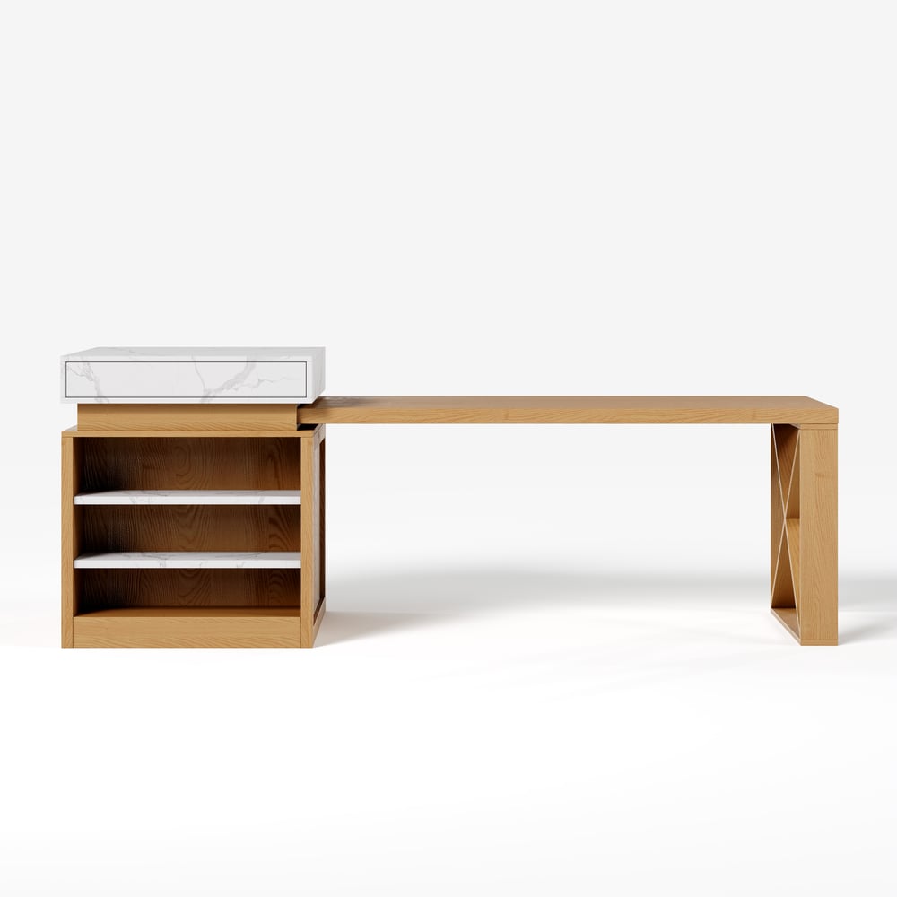 Îlot de cuisine extensible blanc et naturel de 1850 mm à 2350 mm avec armoire de rangement image de fenêtre