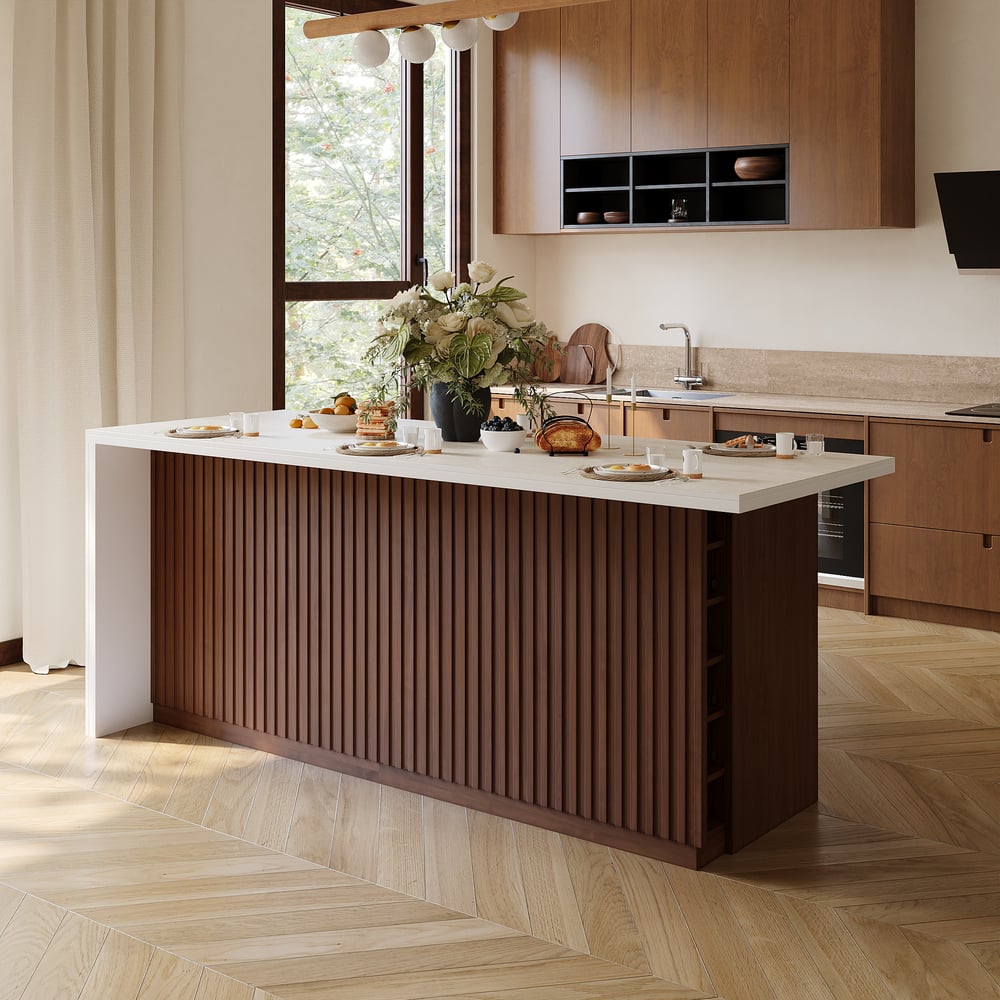 Modern 72" Matte Sintered Stone Kitchen Island with Storage, Walnut window image