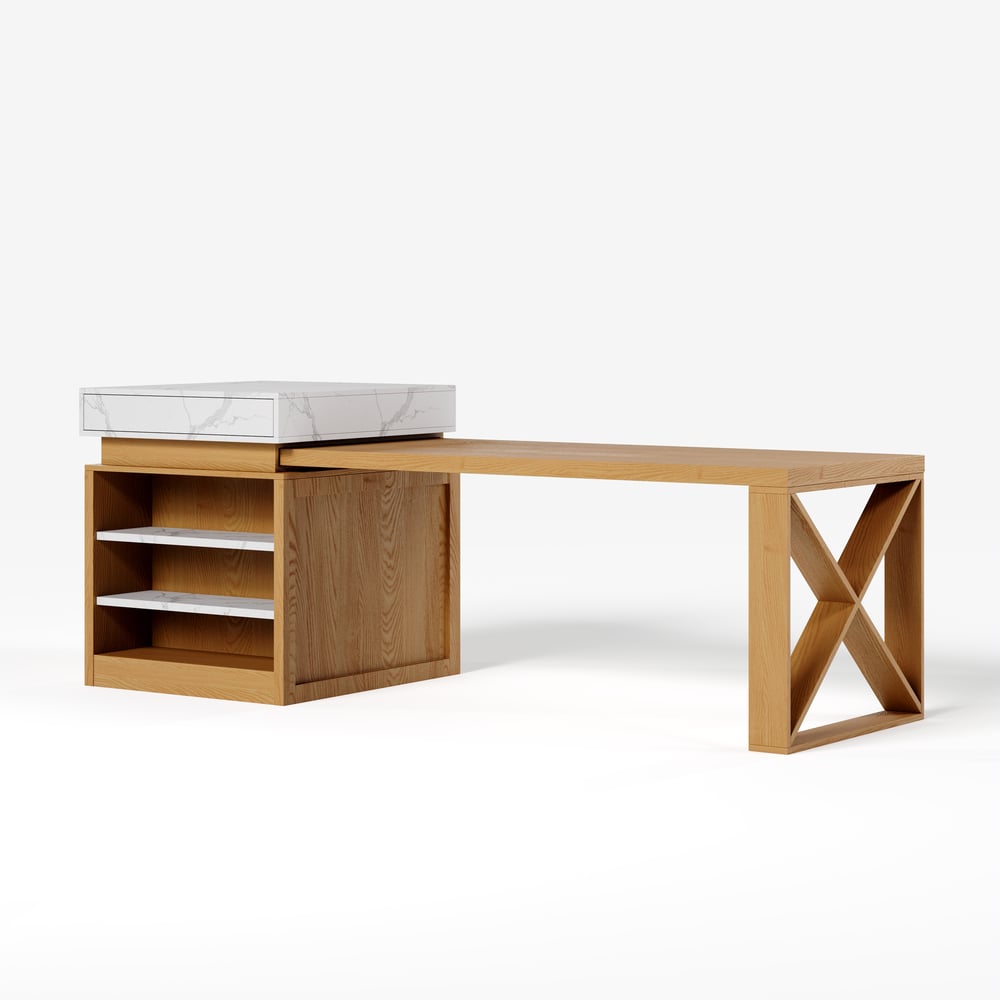 Îlot de cuisine extensible blanc et naturel de 1850 mm à 2350 mm avec armoire de rangement image de fenêtre