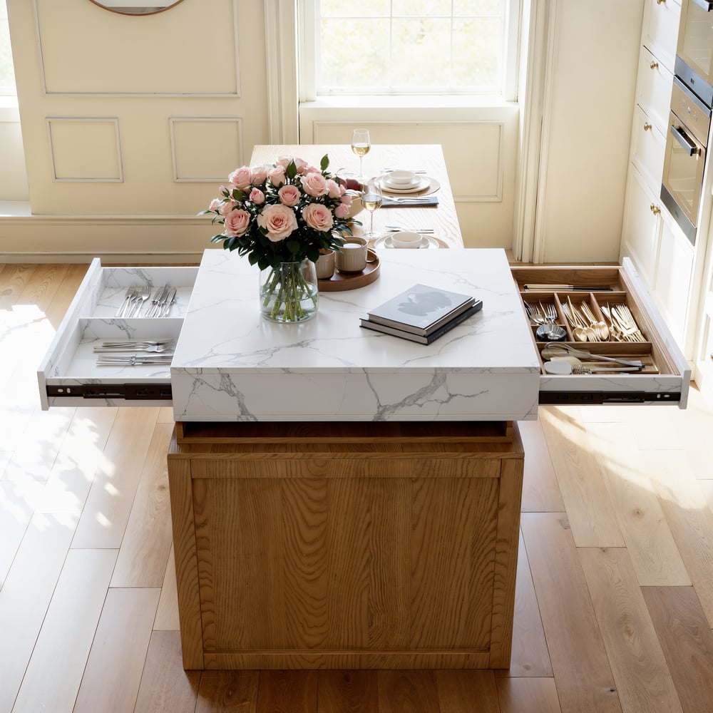 Îlot de cuisine extensible blanc et naturel de 1850 mm à 2350 mm avec armoire de rangement image de fenêtre