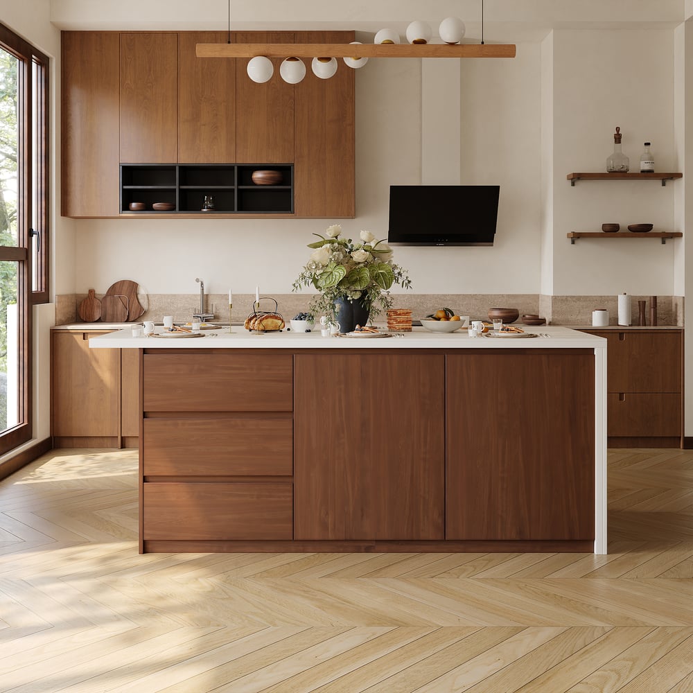 Modern 72" Matte Sintered Stone Kitchen Island with Storage, Walnut window image
