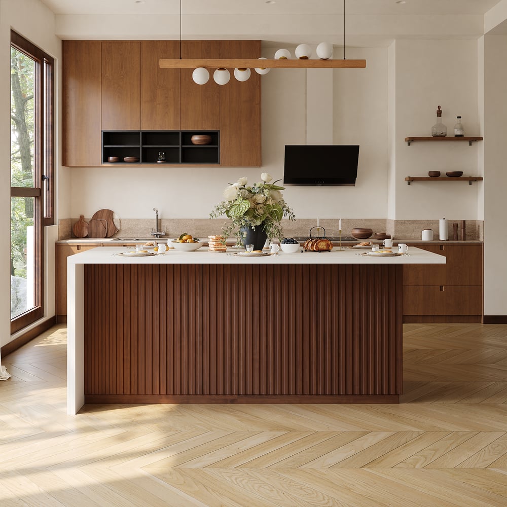 Modern 72" Matte Sintered Stone Kitchen Island with Storage, Walnut window image