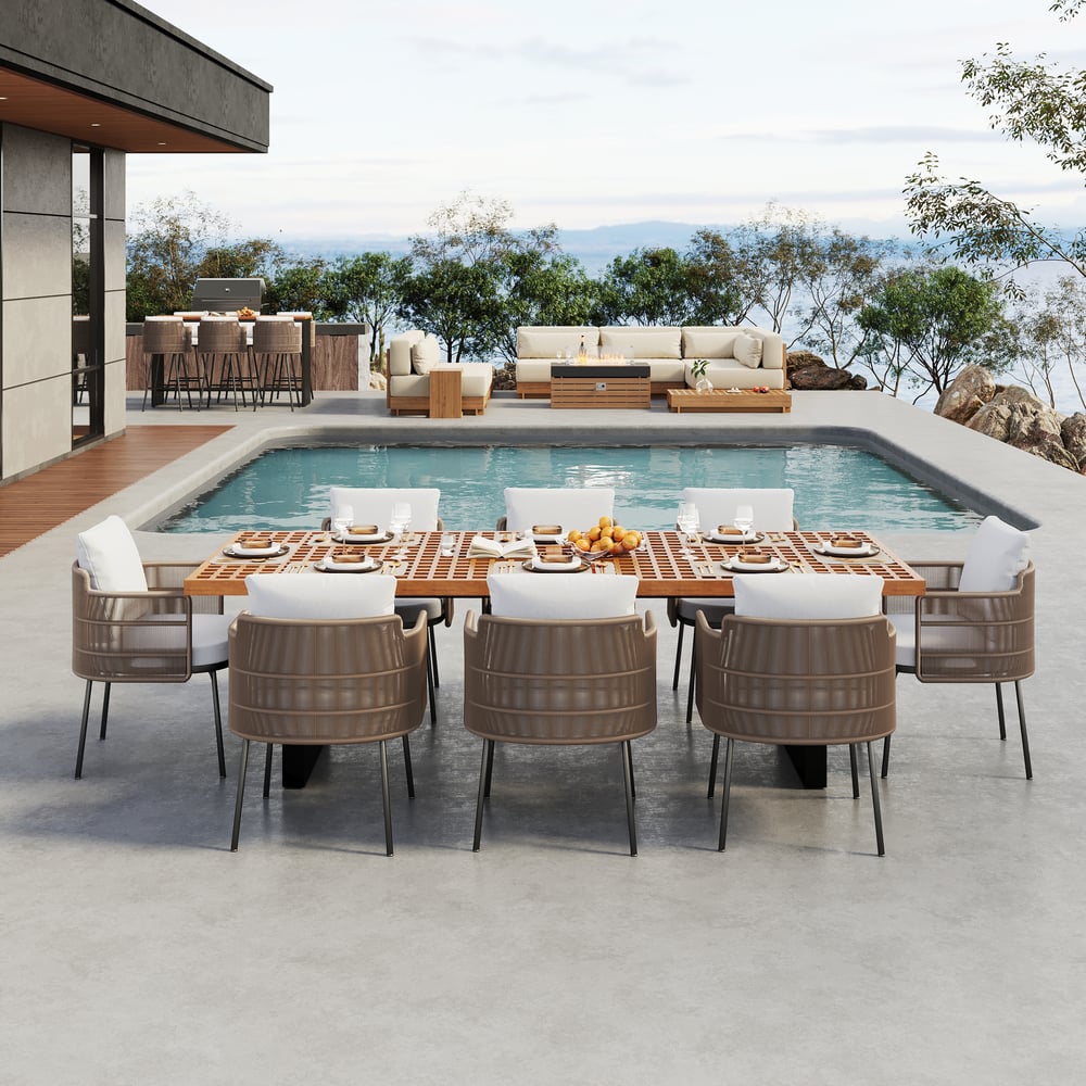 Set da pranzo da giardino Grida di 9 pezzi in teak e rattan sintetico con 8 sedie Immagine della finestra