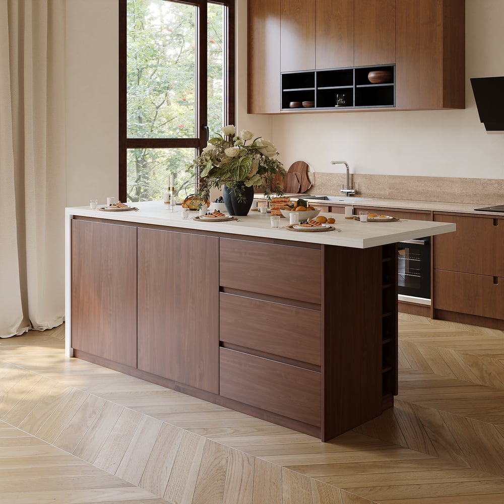 Îlot de cuisine moderne de 72" en pierre frittée mate avec rangement, Noyer image de fenêtre