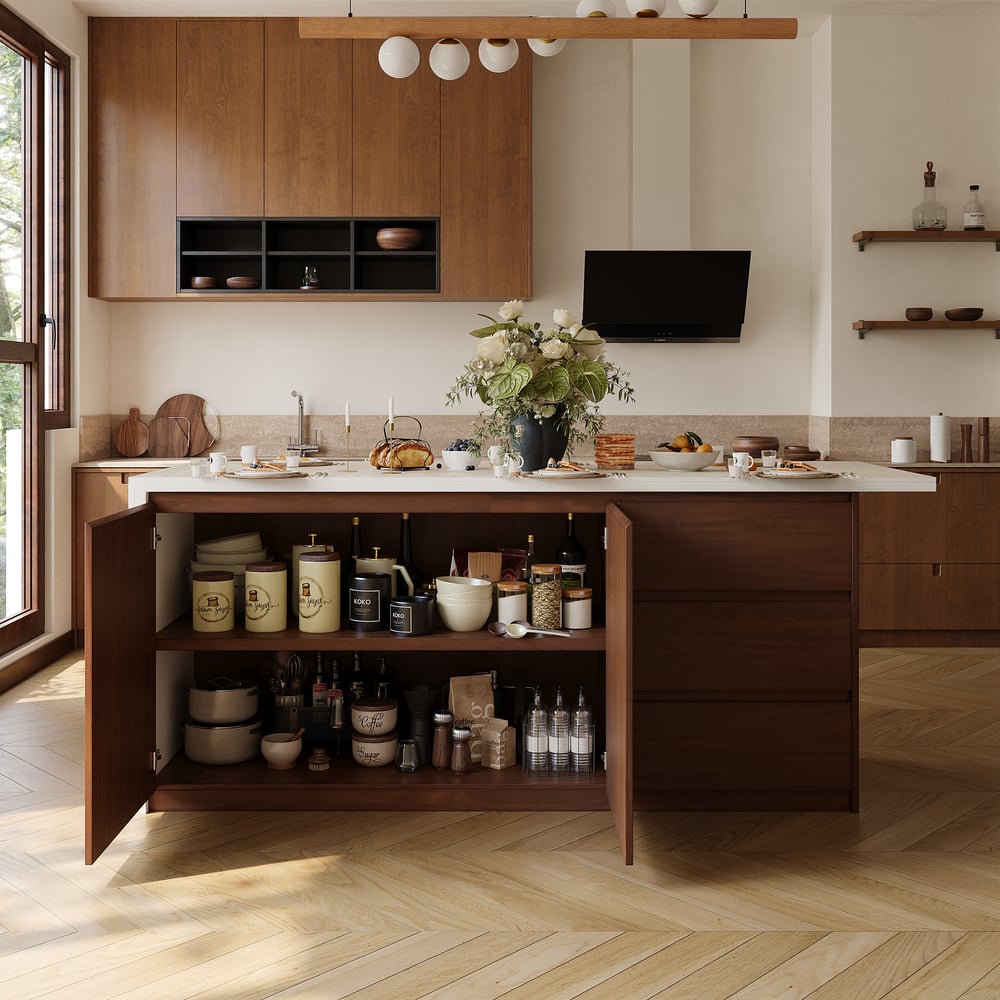 Îlot de cuisine moderne de 72" en pierre frittée mate avec rangement, Noyer image de fenêtre