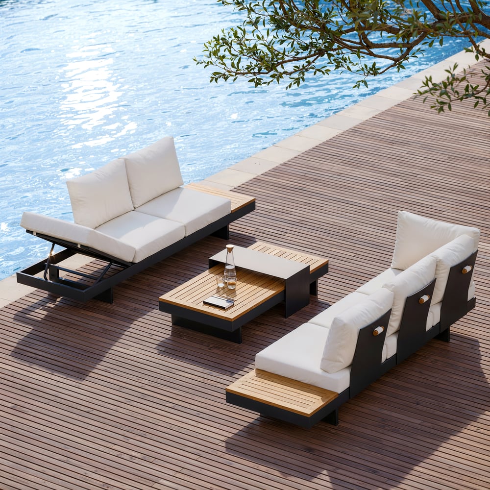 Tevara 4dílná venkovní modulární sedací souprava z teaku a hliníku pro 6 osob v barvě slonové kosti s černým potahem obrázek okna