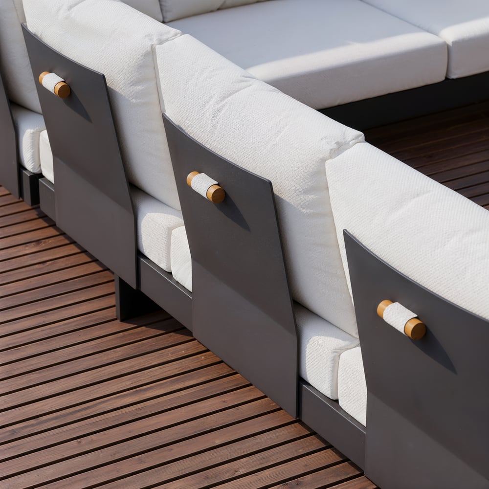 Tevara 4dílná venkovní modulární sedací souprava z teaku a hliníku pro 6 osob v barvě slonové kosti s černým potahem obrázek okna