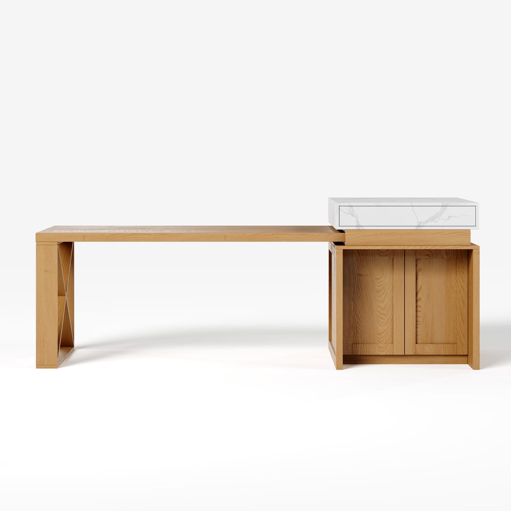 Îlot de cuisine extensible blanc et naturel de 1850 mm à 2350 mm avec armoire de rangement image de fenêtre