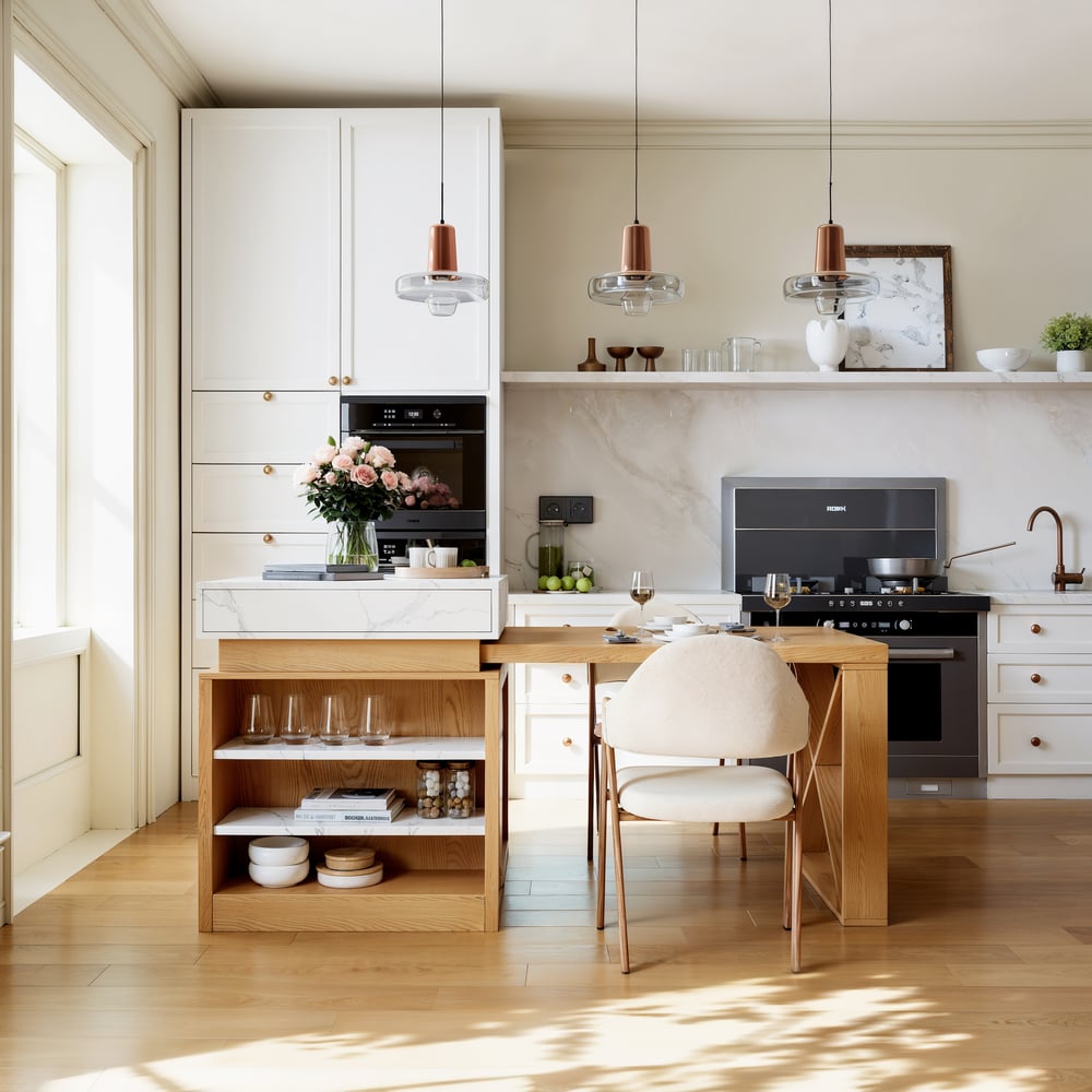 Îlot de cuisine extensible blanc et naturel de 1850 mm à 2350 mm avec armoire de rangement image de fenêtre