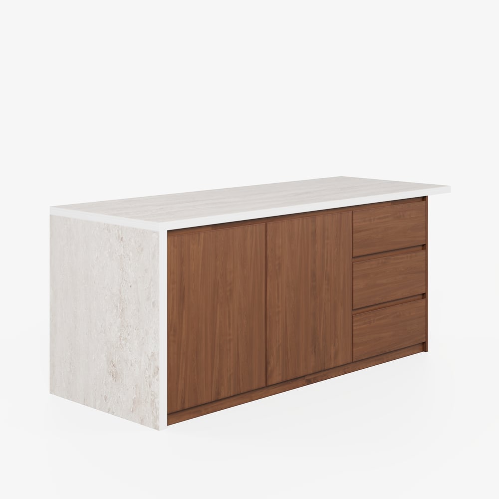 Îlot de cuisine moderne de 72" en pierre frittée mate avec rangement, Noyer image de fenêtre