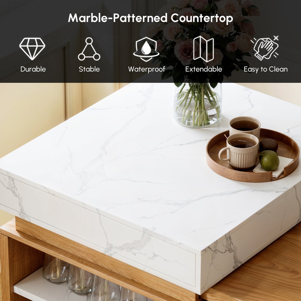 Îlot de cuisine extensible blanc et naturel de 1850 mm à 2350 mm avec armoire de rangement image de fenêtre