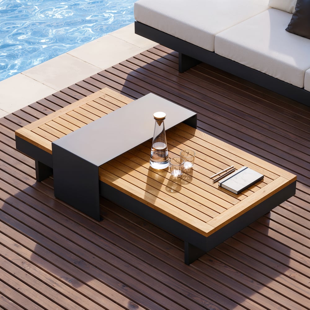 Tevara 4dílná venkovní modulární sedací souprava z teaku a hliníku pro 6 osob v barvě slonové kosti s černým potahem obrázek okna