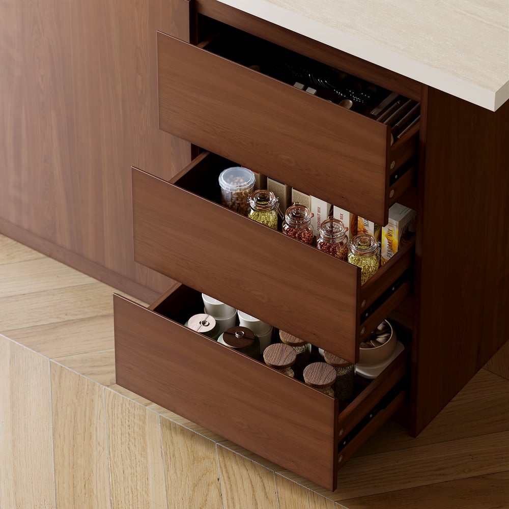 Îlot de cuisine moderne de 72" en pierre frittée mate avec rangement, Noyer image de fenêtre