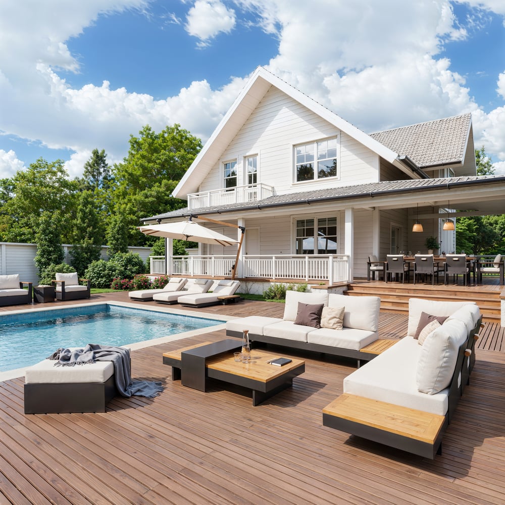 Tevara 4dílná venkovní modulární sedací souprava z teaku a hliníku pro 6 osob v barvě slonové kosti s černým potahem obrázek okna