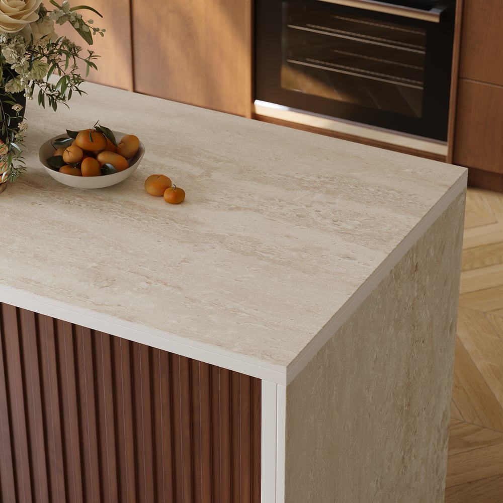 Îlot de cuisine moderne de 72" en pierre frittée mate avec rangement, Noyer image de fenêtre