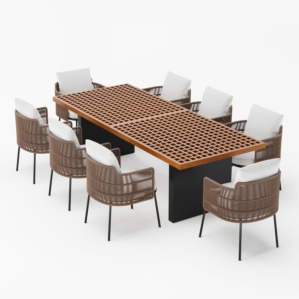 Set da pranzo da giardino Grida di 9 pezzi in teak e rattan sintetico con 8 sedie Immagine della finestra