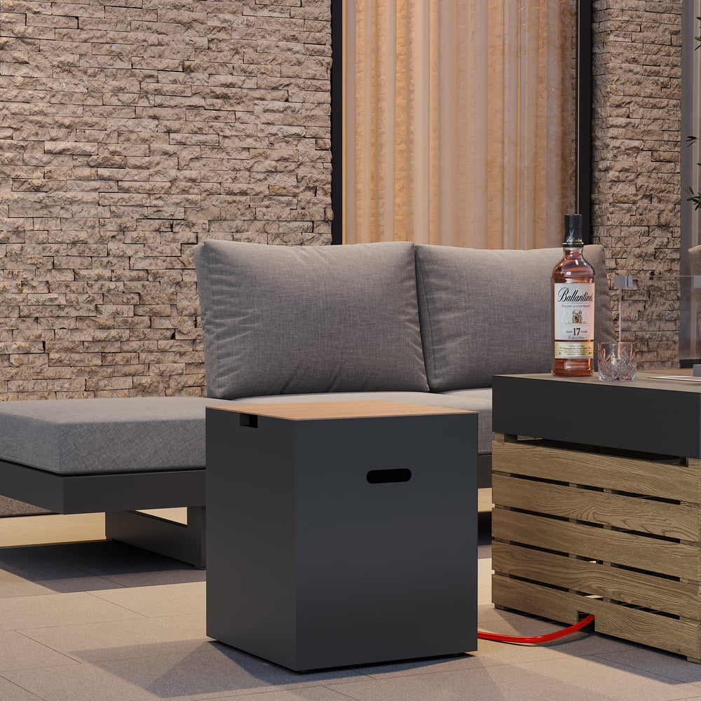 Brasero gaz propane avec pare-vent en verre pour extérieur, patio, terrasse, jardin image de fenêtre