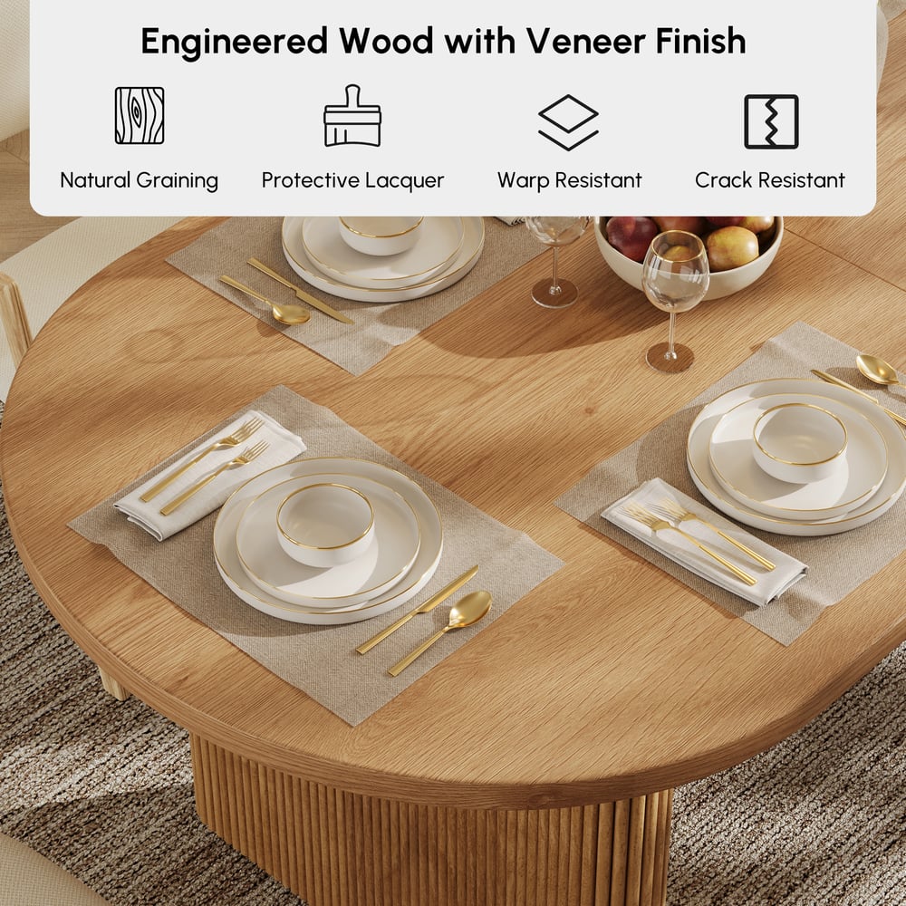 Japandi 79"-94" Oválný rozkládací jídelní stůl z přírodního dřeva, pro 6-8 osob obrázek okna