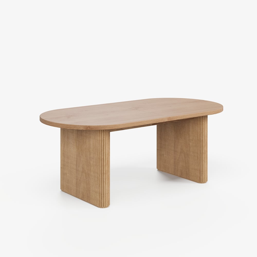 Japandi 79"-94" Oválný rozkládací jídelní stůl z přírodního dřeva, pro 6-8 osob obrázek okna