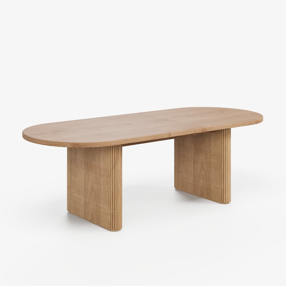 Japandi 79"-94" Oválný rozkládací jídelní stůl z přírodního dřeva, pro 6-8 osob obrázek okna