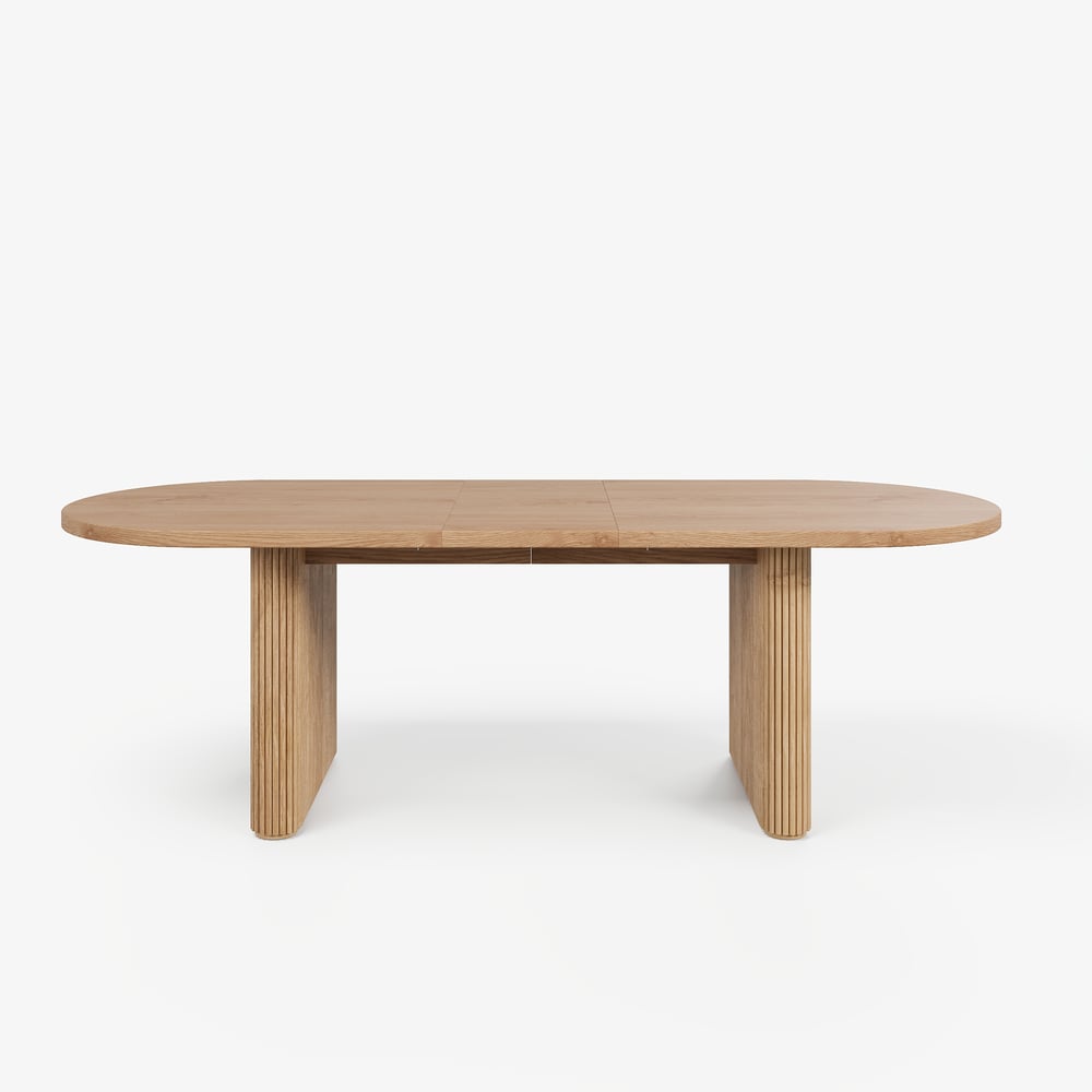 Japandi 79"-94" Oválný rozkládací jídelní stůl z přírodního dřeva, pro 6-8 osob obrázek okna