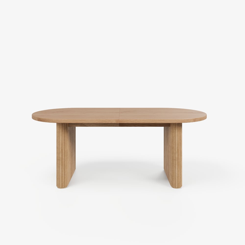 Japandi 79"-94" Oválný rozkládací jídelní stůl z přírodního dřeva, pro 6-8 osob obrázek okna